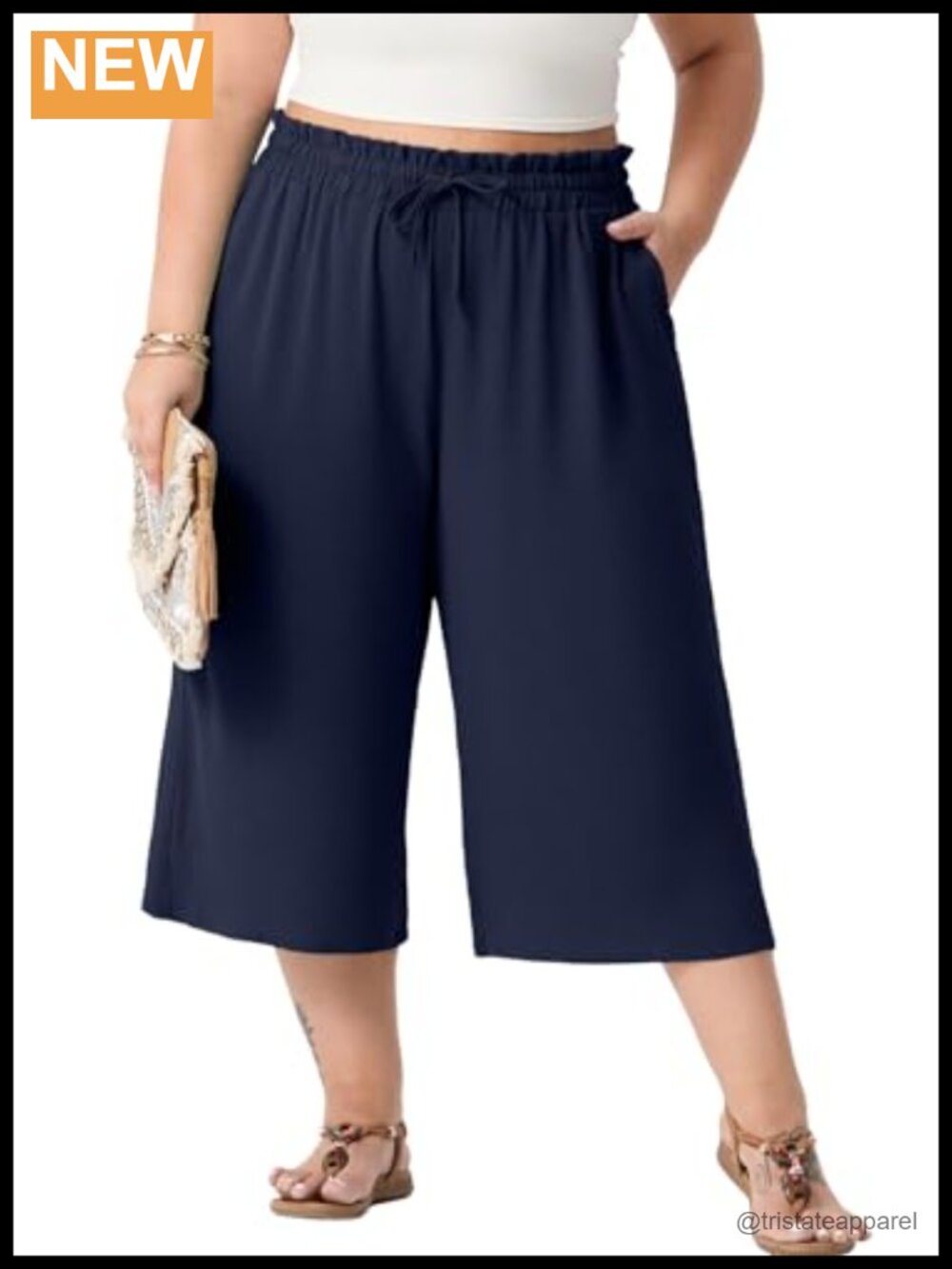 Plus Size Wide Leg Capris High Waist Drawstring Pockets 100% Polyester